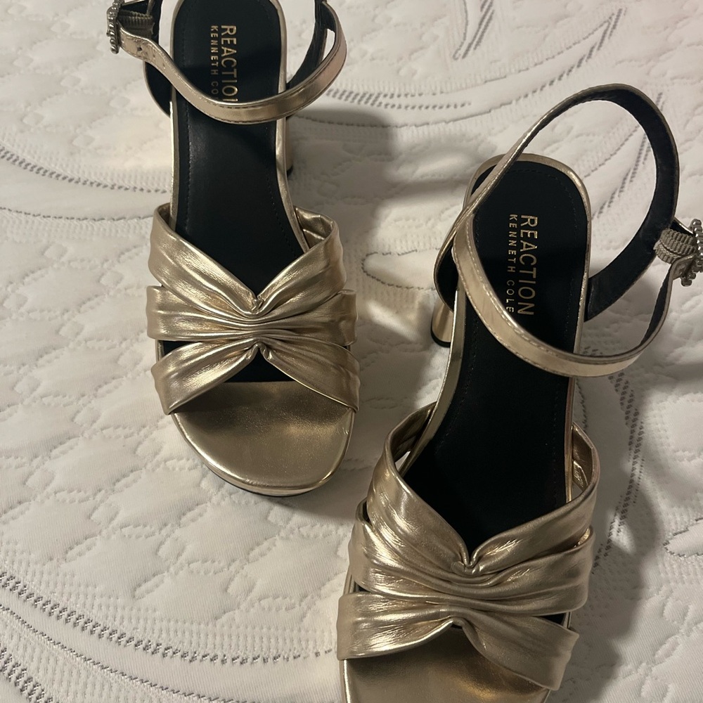 Kenneth Cole Reaction Metallic Gold Knotted Ankle-Strap Heels